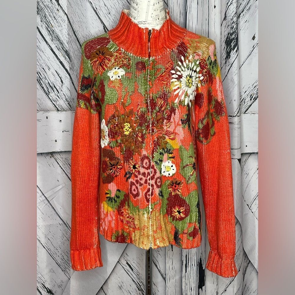Coldwater Creek Orange Embroidered Floral Retro Cardigan Zipper Front M
